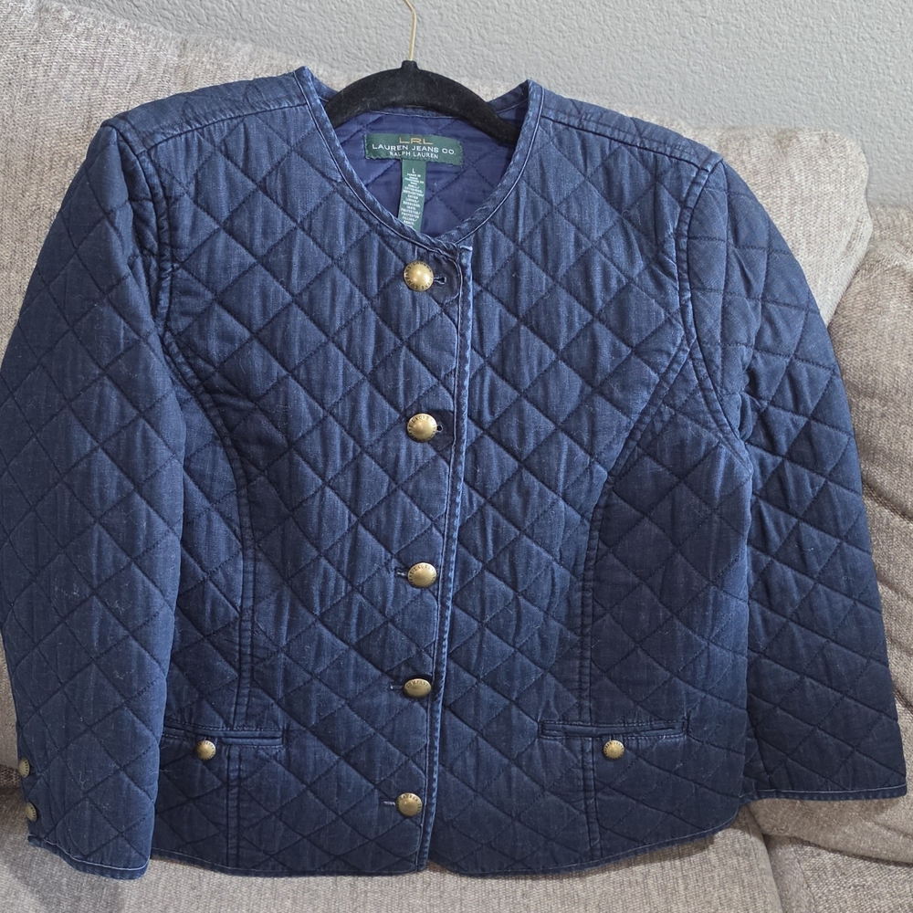 Lauren Ralph Lauren Navy Quilted Jacket Gold Button Front Coat Size L
